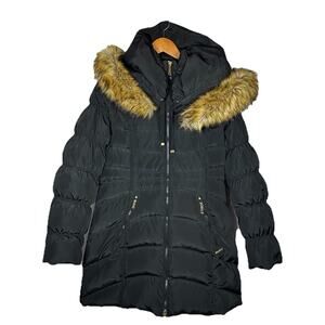Laundry by Shelli Segal Women’s Black Hooded Puffer Coat Faux Fur Trim Size M